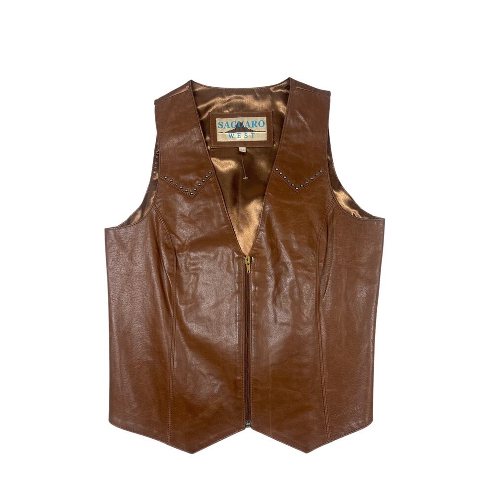 VTG 70s Saguaro West Brown 100% Leather Studded Vest Zip Cowgirl Western M